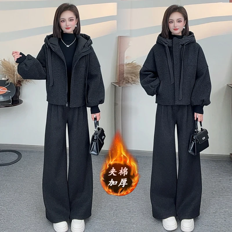 时尚套装女2025冬季新款洋气加棉连帽毛呢外套加绒阔腿裤两件套潮
