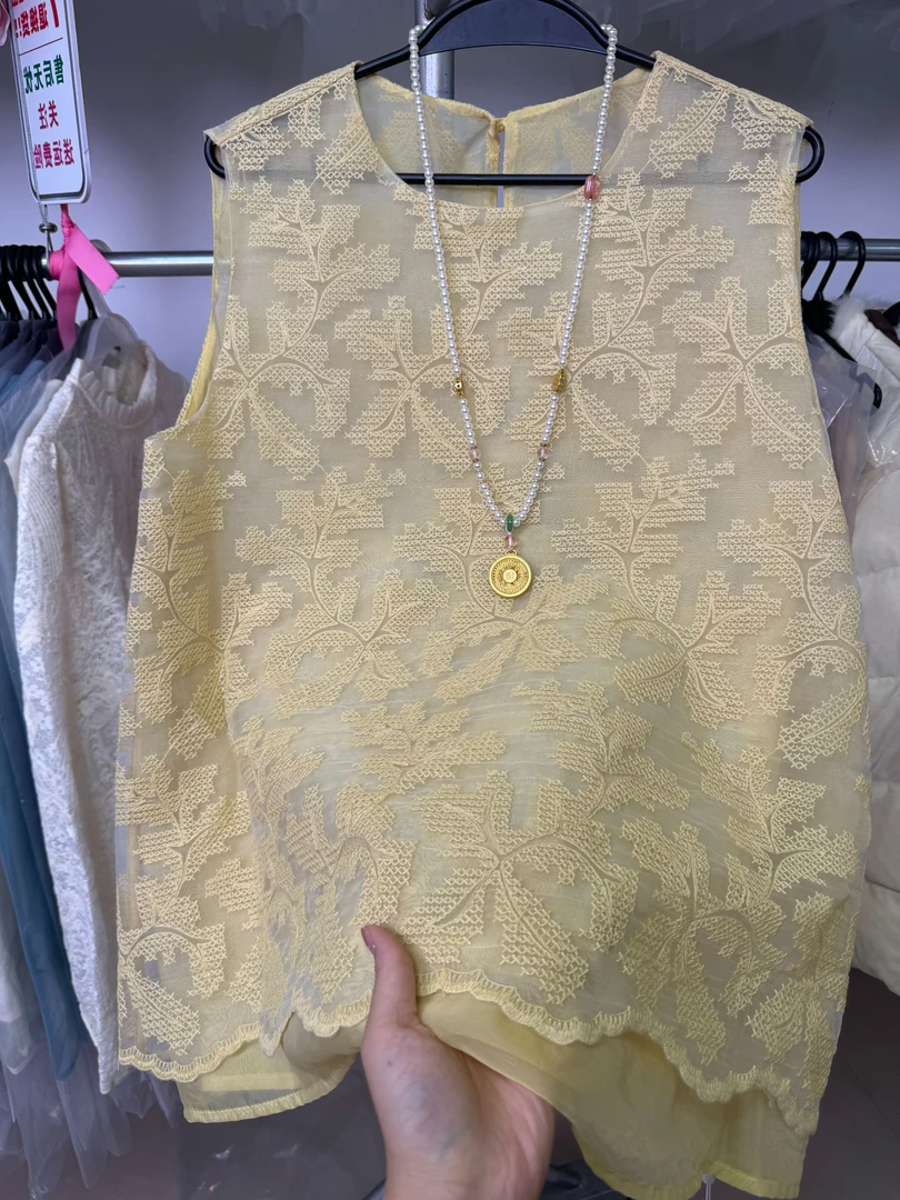 新中式国风复古无袖花色衬衫女2025新款时尚百搭网纱透气背心