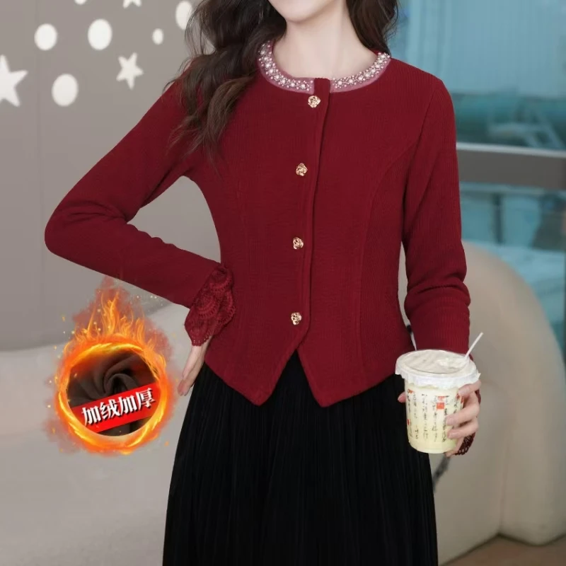 【加绒加厚小香风外套】镶钻钉珠圆领长袖西装2024冬韩版显瘦短款