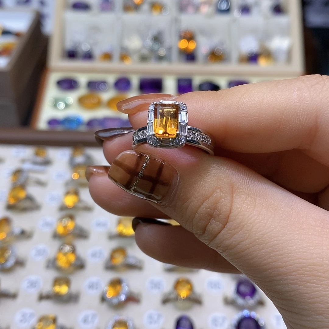 水晶戒指银S925镶嵌纯天然黄水晶戒指J