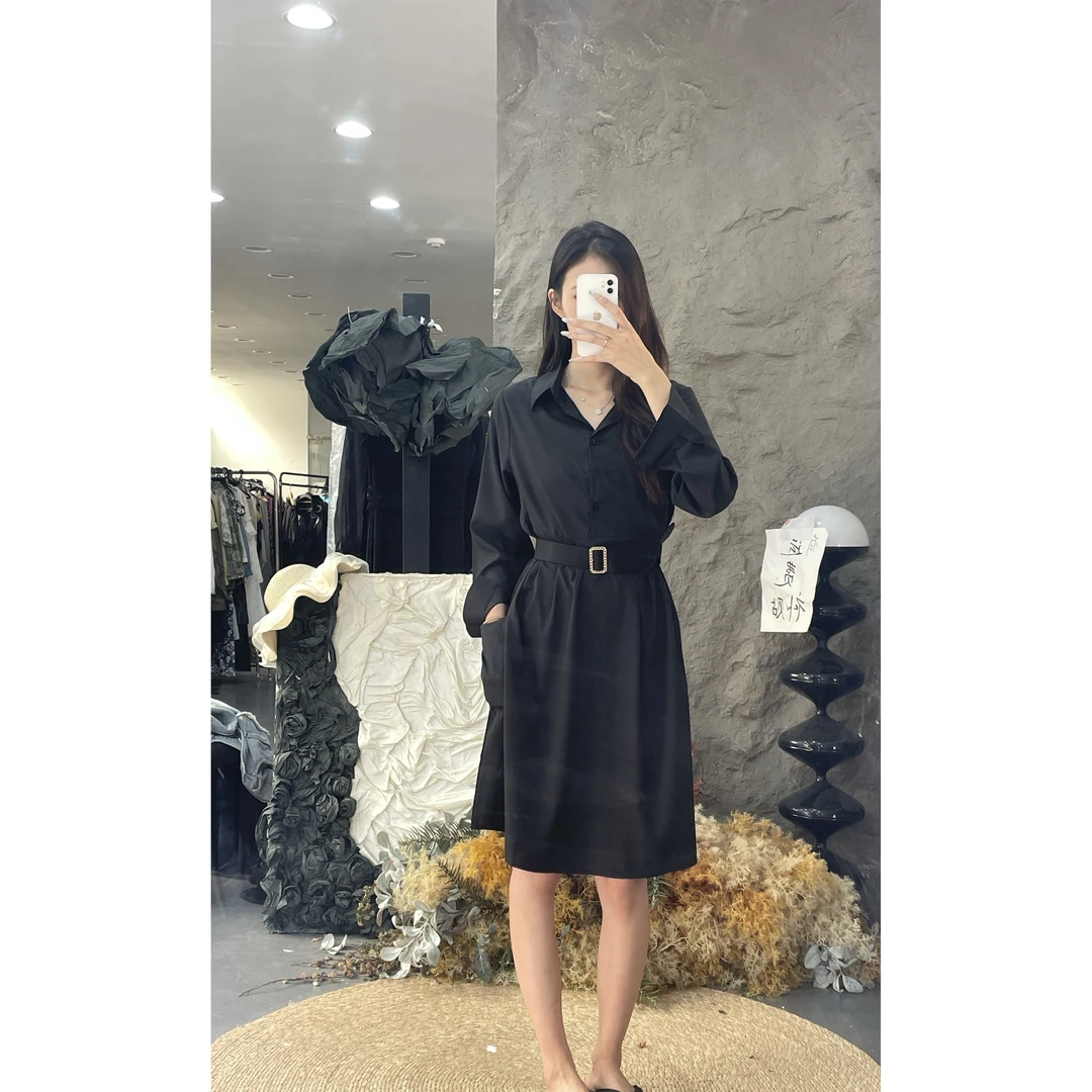 长袖街头风意式A字裙春季连衣裙显瘦法式百搭