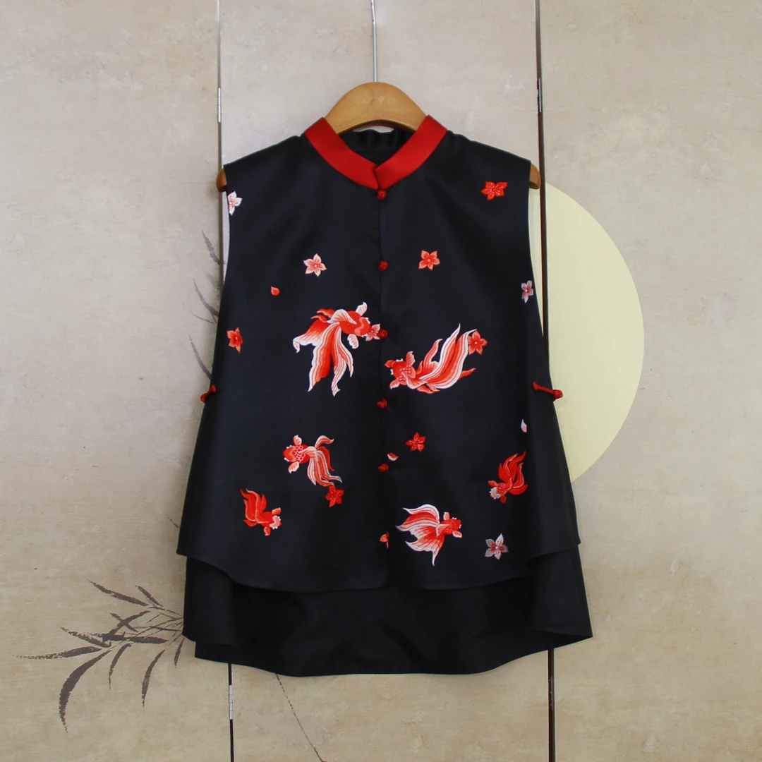 中式国风女装 复古国风刺绣 国潮风手工刺绣无袖桃花金鱼马甲