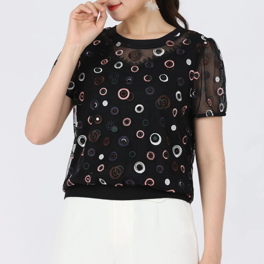 【曲线美】蕾丝绣花休闲上衣#YB11631A-85夏季修身外穿显瘦优雅