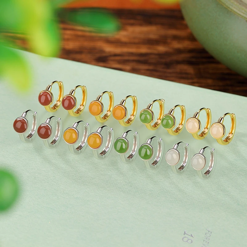 【织漫珠宝】s925银镶天然和田玉碧玉南红蜜蜡时尚简约圆形耳夹耳扣