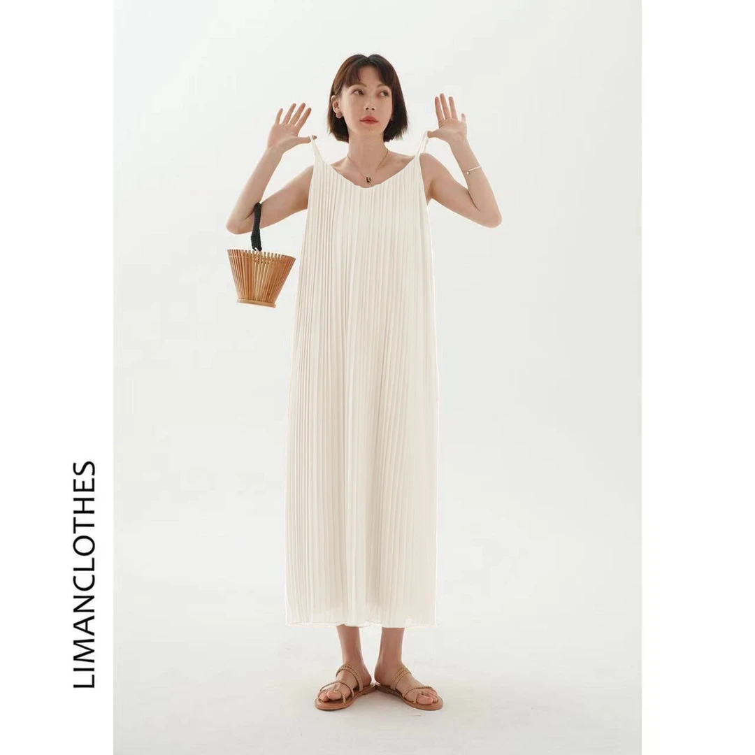 夏日新款亲肤透气百褶裙吊带连衣裙旅游度假无袖长裙LYQ003