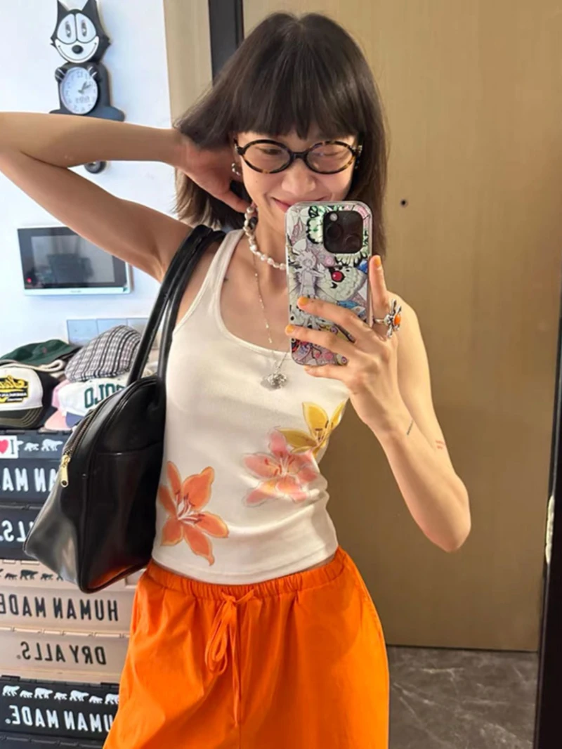 美式辣妹复古花朵短款吊带背心女夏天修身小个子性感显瘦百搭上衣