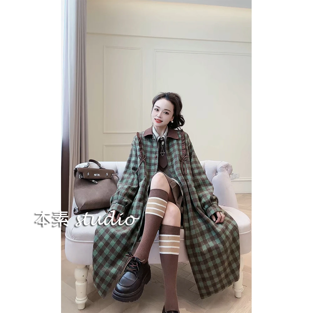 【青桔乌龙】M8796格纹蝴蝶结木耳边翻领棉衣外套