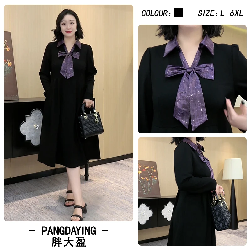 胖大盈大码女装2025冬季新款蝴蝶结V领掐腰显瘦连衣裙ZSX25A0174