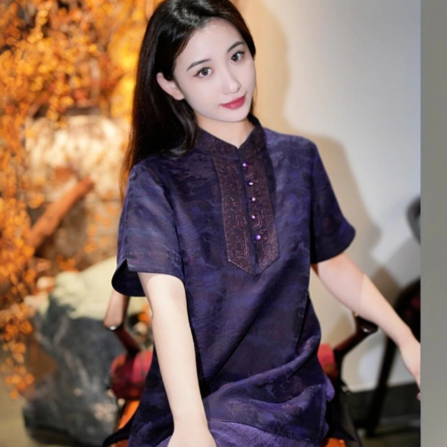 蓝大【素心语】桑蚕丝新中式短袖上衣7591