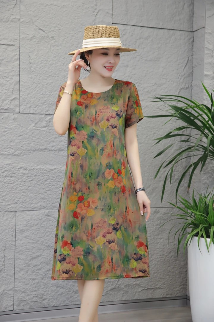 【1005】夏季短袖圆领连衣裙大码宽松气质妈妈装新复古风