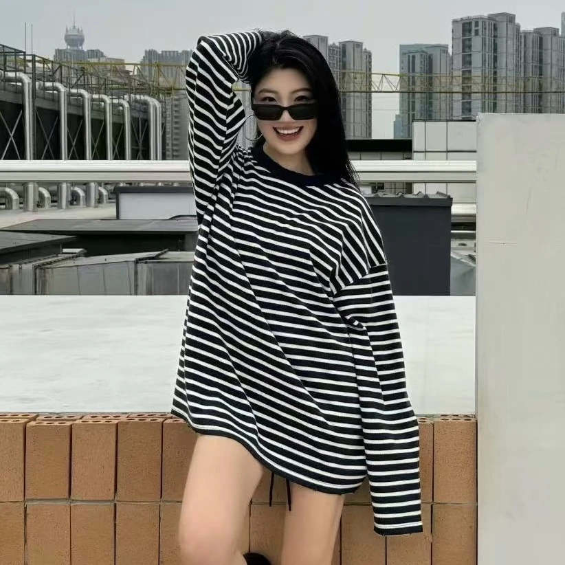 秋冬纯棉磨毛条纹打底慵懒女式T恤