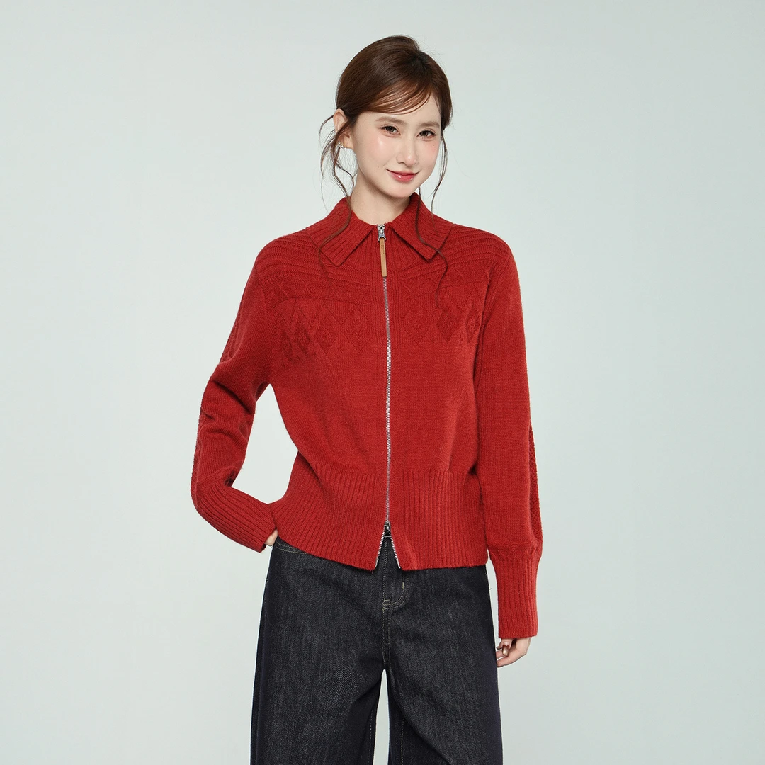 实拍POLO领拉链开衫毛衣外套女2025秋冬季新款韩版绞花针织衫