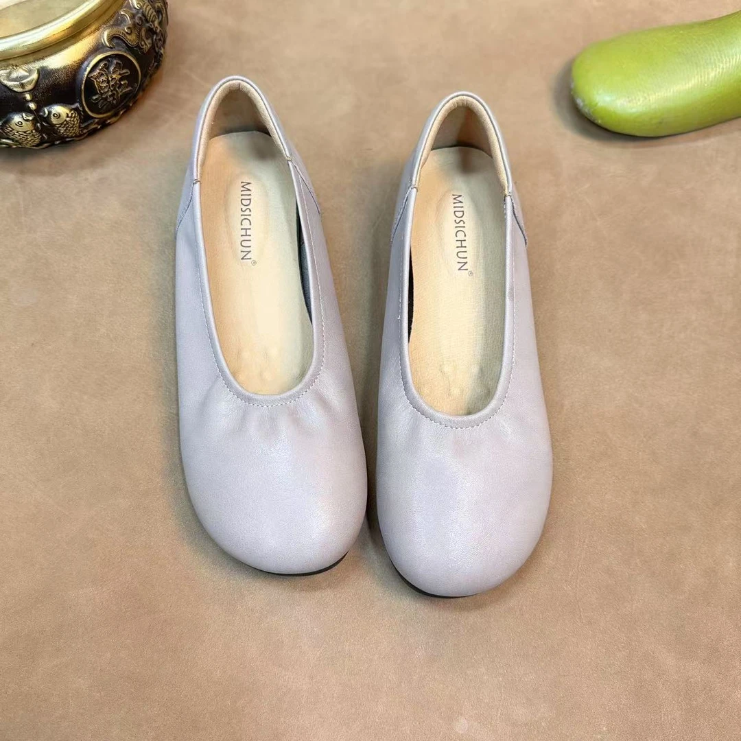 【四季】舒适薄款圆头单鞋方头百搭胶粘平底鞋平底夏季皮鞋1688A-19