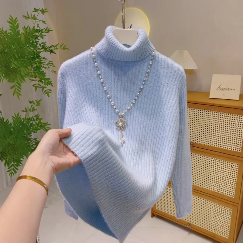 蓝色高领毛衣女秋冬新款韩系温柔风软糯针织衫内搭打底衫长袖上衣