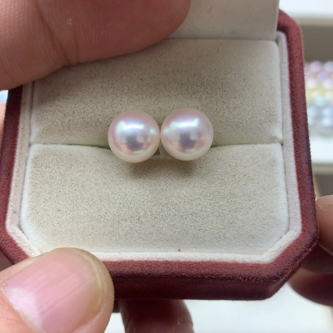 海水珍珠耳饰18K金镶嵌8.5-9akoya素钉