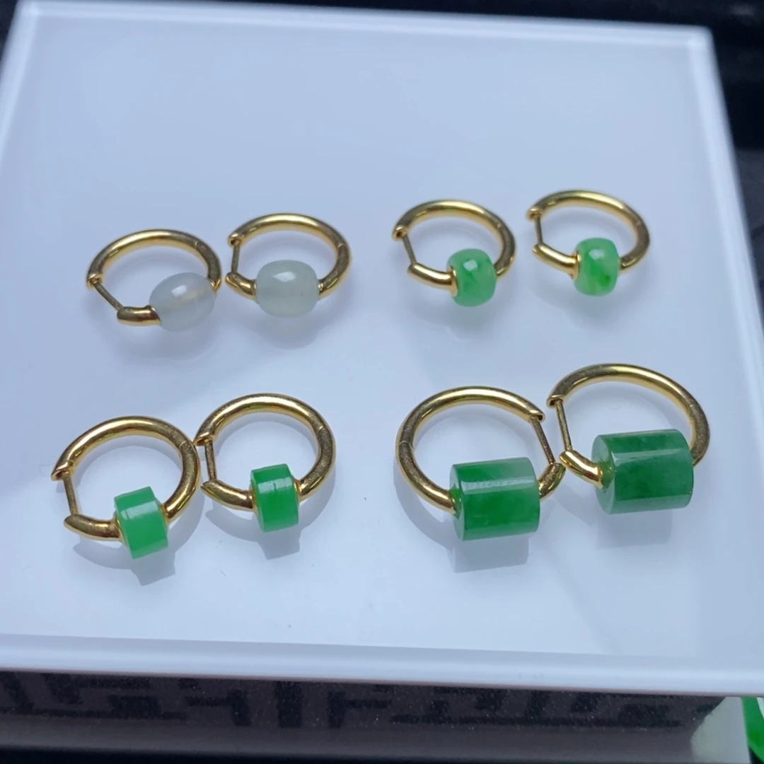 翡翠18K金镶嵌耳饰小桶珠耳扣 多样性一对发货