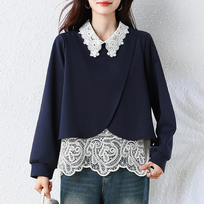【女神新衣】独特蕾丝拼接polo领长袖卫衣2026新春秋胖mm假两件上衣