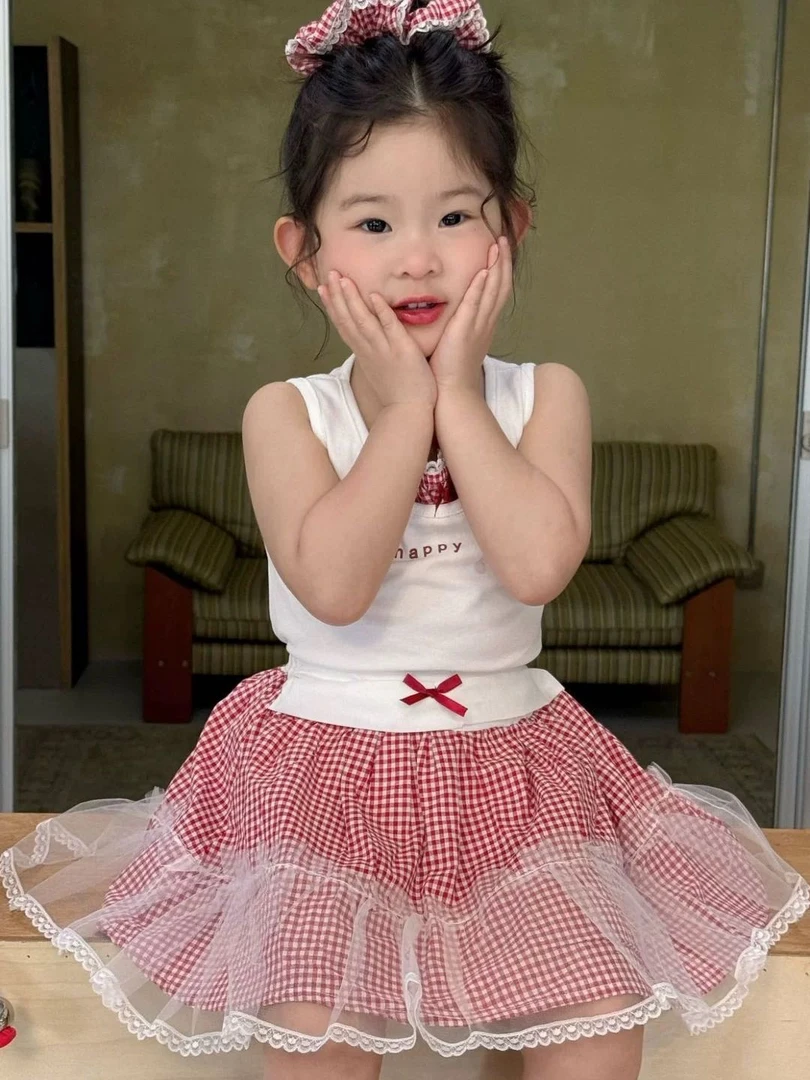 【新疆包邮】夏季新款带发圈格子蕾丝短裙两件套T833