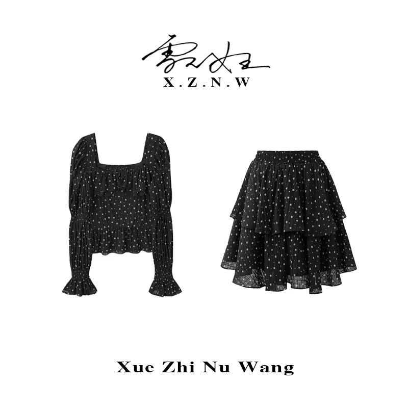 XZNW/雪之女王【花点雅韵】复古方领波点上衣搭配层叠长短裙两件套