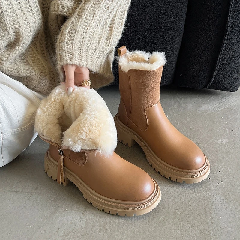 保暖真皮雪地靴女皮毛一体厚底粗跟马丁靴冬季新款英伦风东北棉鞋