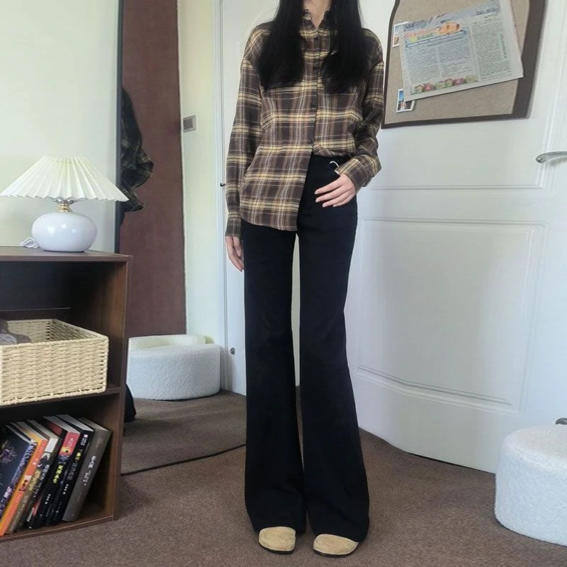 涤纶100%黑色微喇牛仔裤女2025秋季新款不贴腿马蹄裤宽松高腰显瘦