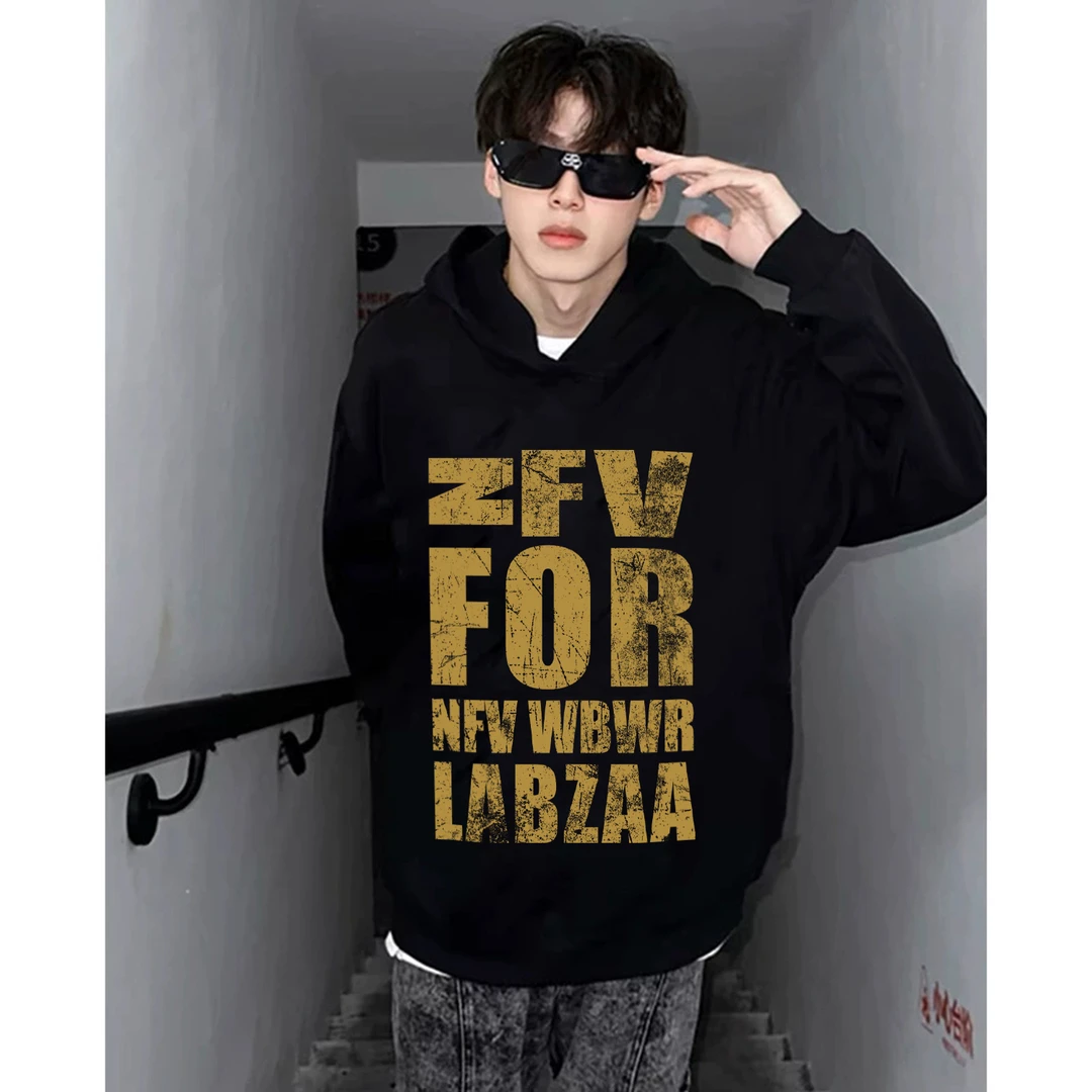 美式复古裂痕字母印花无口袋连帽卫衣男女秋冬季宽松休闲情侣上衣