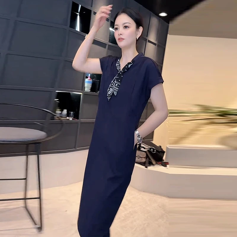 短袖连衣裙女2025夏季新款宽松显瘦遮肉丝巾领休闲中长气质裙子潮