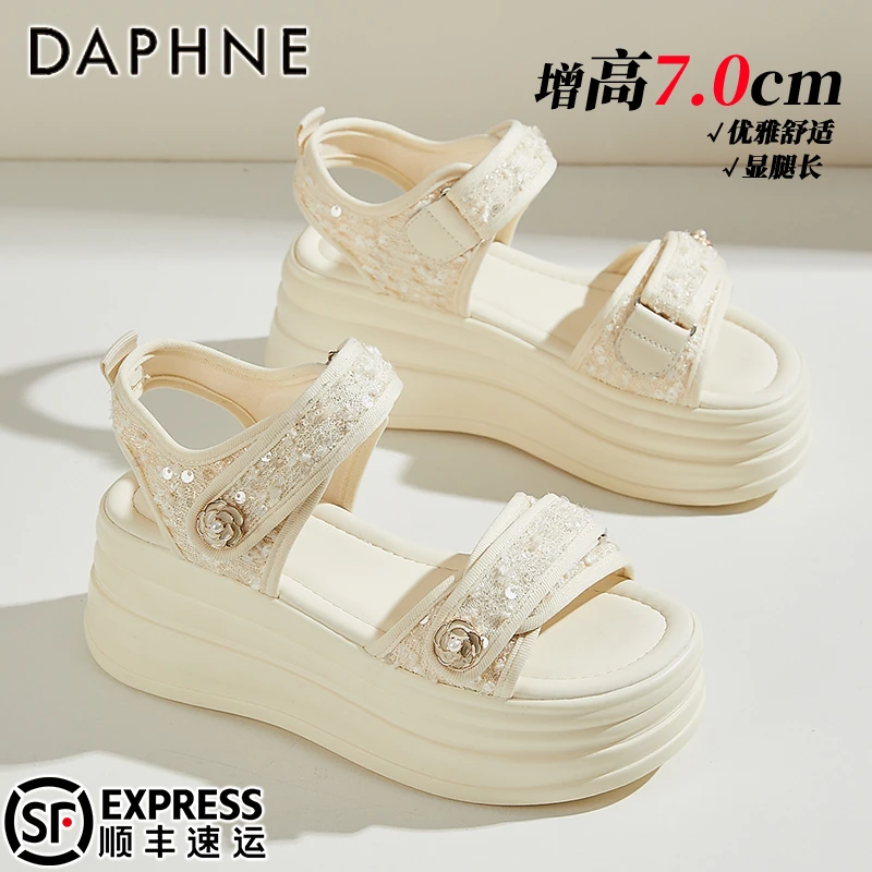 达芙妮女鞋厚底露趾凉鞋2025夏季时尚亮片增高7cm魔术贴沙滩凉鞋