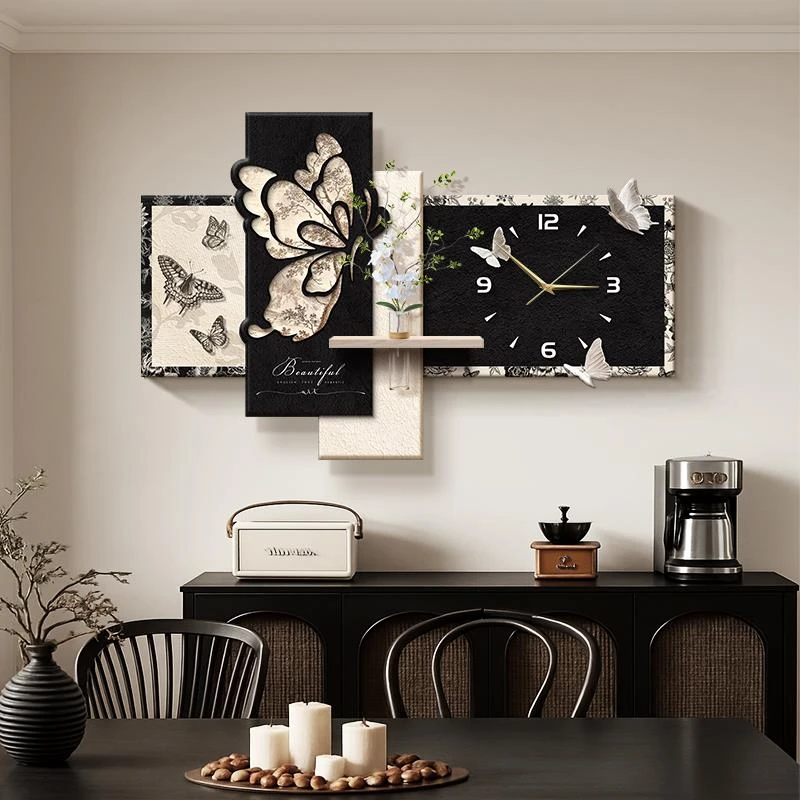 2025新款餐厅装饰画高级感客厅背景墙钟表挂画蝴蝶大白墙时钟壁画