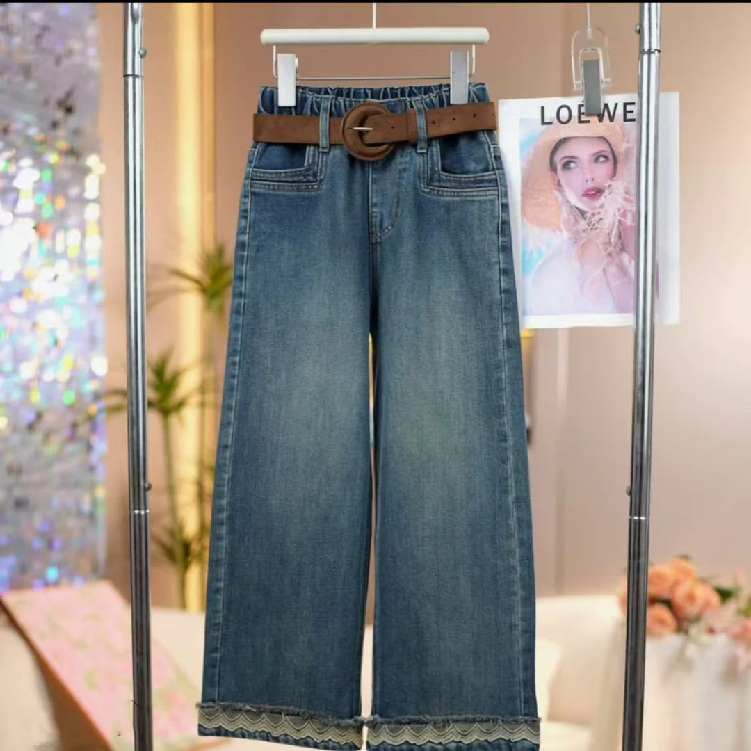 女童2025秋季新款宽花边牛仔裤中大童时尚百搭儿童洋气直筒阔腿裤