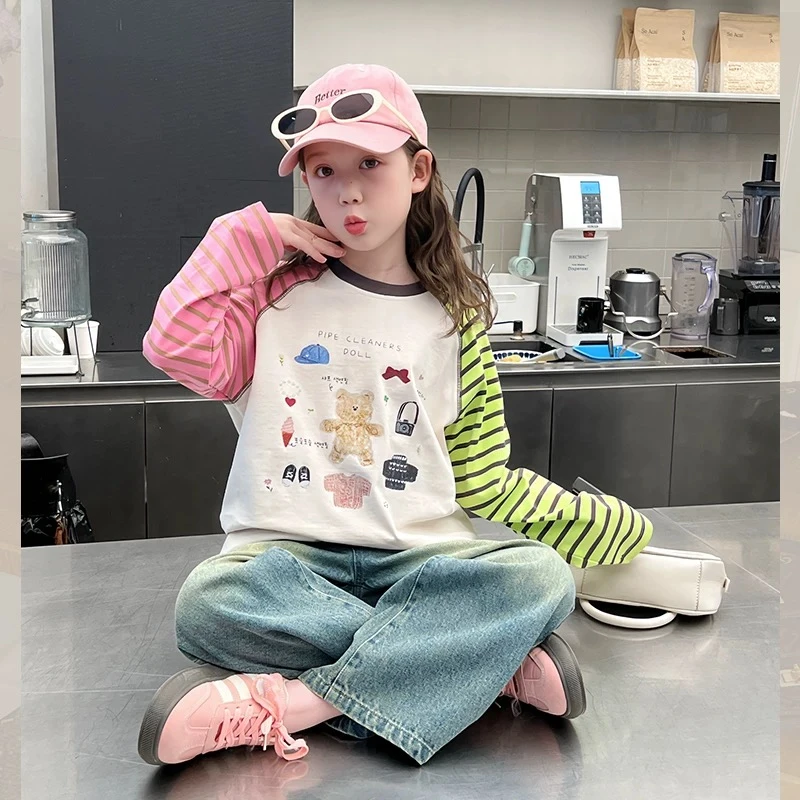 【现货】2025春洋气条纹小熊撞色插肩袖打底衫 D170 170 R