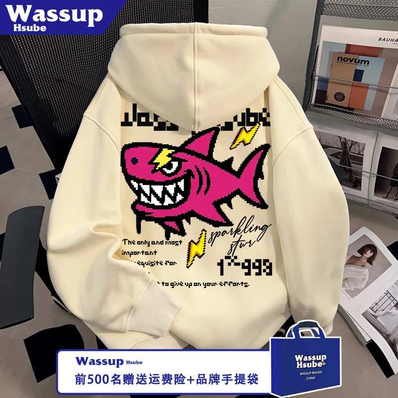 WASSUP HSUBE像素鲨鱼印花卫衣加绒男女开衫秋冬拉链连帽杏色外套
