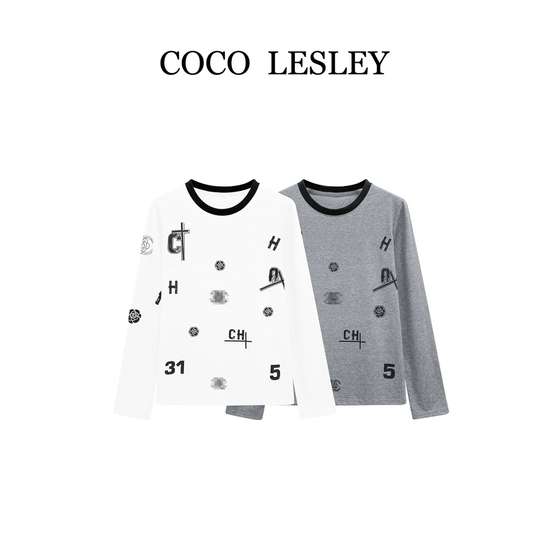 【COCO LESLEY】#68191#时尚拼接烫钻印花长袖T恤2025潮流个性上衣