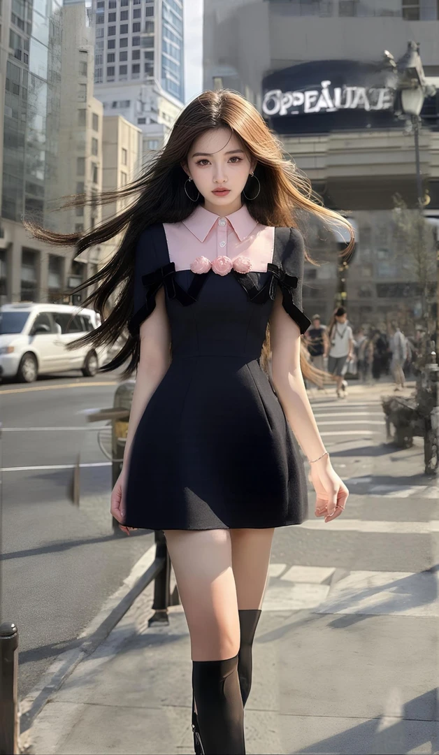 轻奢纯欲千金风黑色衬衫领短袖立体花朵设计小众连衣裙女时尚高级