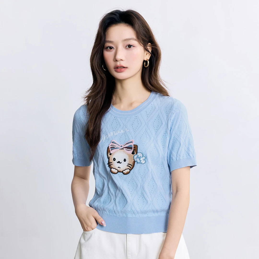 茵曼减龄萌趣猫咪绣花薄款针织衫夏季宽松短袖上潮流休闲服