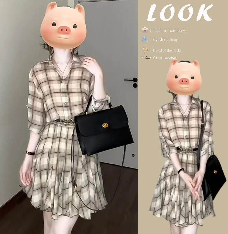 时尚穿搭女2025夏季新款气质高级感百搭显瘦polo领格纹连衣裙女潮