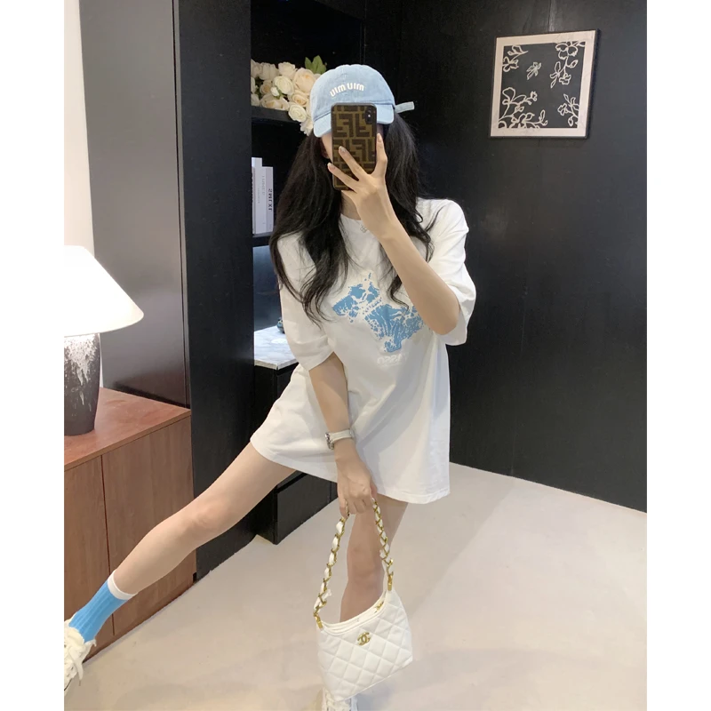 网红白色狗狗多巴胺短袖t恤女夏季洋气时髦气质宽松中长款上衣潮