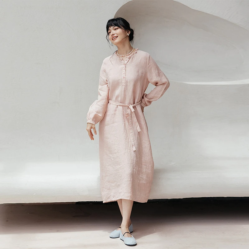 绽放116朵/茧型可拆卸腰带修身显瘦花边领复古泡泡长袖亚麻连衣裙