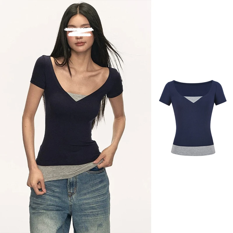 Moses Queen/魔西女王美式假两件撞色短袖t恤夏时髦凉感修身上衣