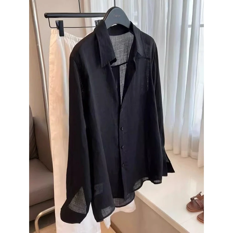 法式黑色防晒衬衫女2025夏季新款宽松轻薄透气衬衣外搭开衫上衣潮