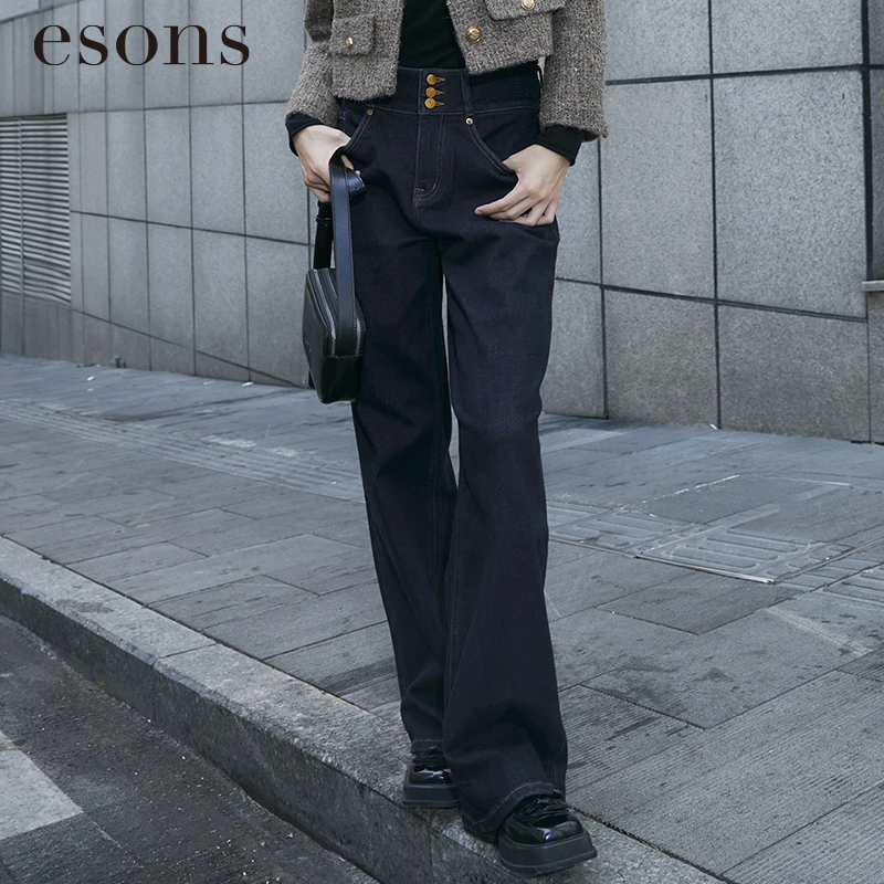 esons/爱城市【商场同款】法式摩登显瘦撞色线阔腿牛仔裤35851140