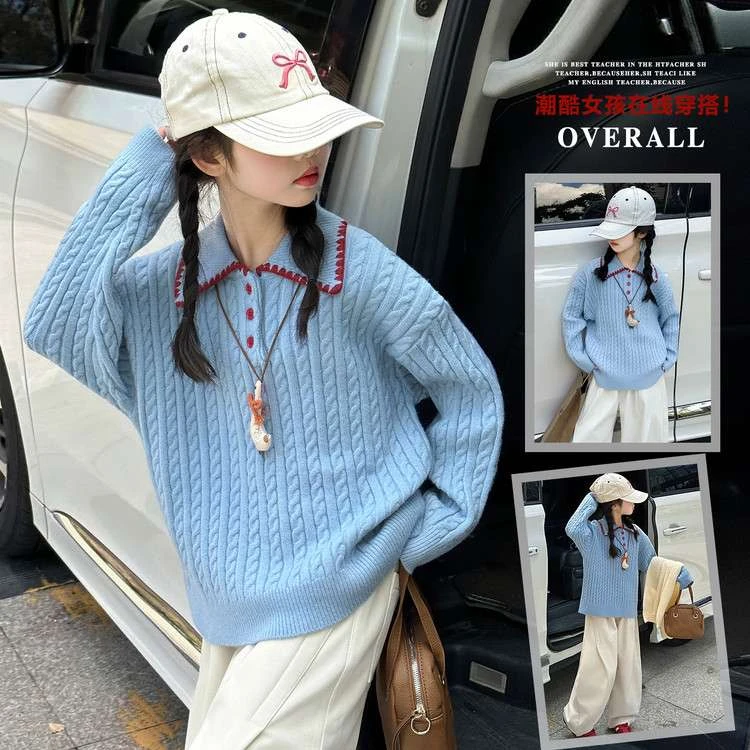 蓝色毛衣女童秋冬内搭2025新款儿童针织衫韩系慵懒风女大童毛线衣