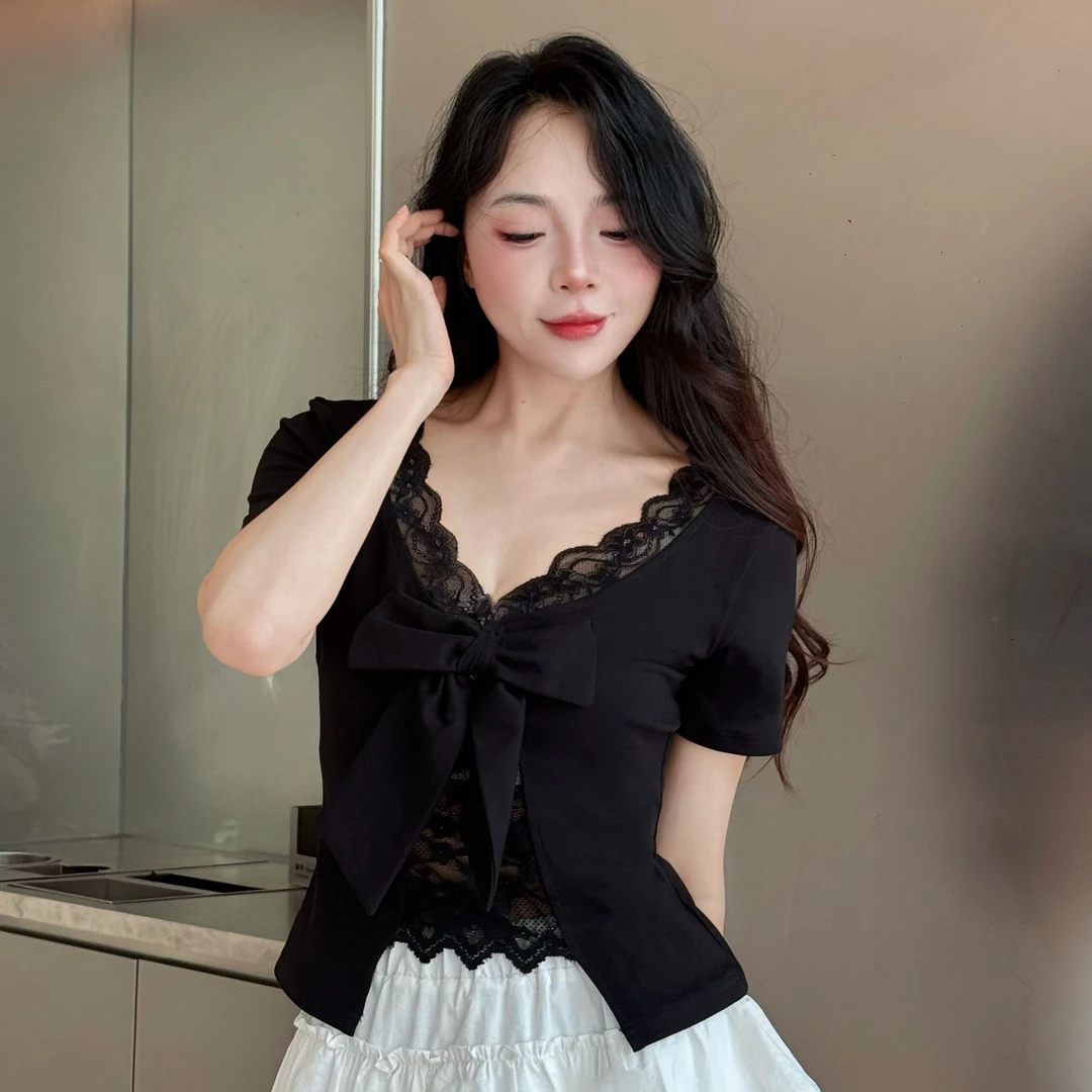 两穿蝴蝶结蕾丝装饰性上衣收腰T恤弹力显瘦气质短款新时尚百搭
