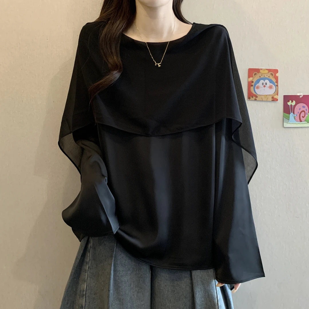 法式高级感缎面长袖衬衫秋季2025新款大码女装胖mm超好看小衫上衣