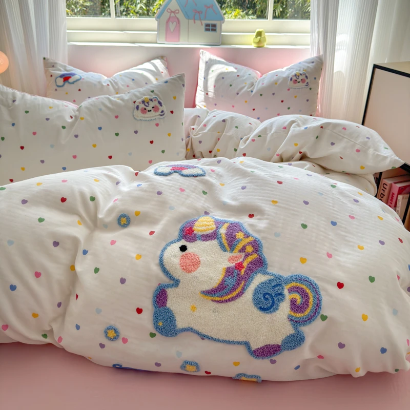 A类彩虹小马毛巾绣双层纱床上四件套纯棉100%全棉被套床单床笠1.8