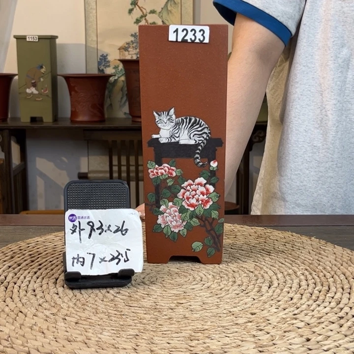 紫砂花盆 超精品猫咪手绘签筒1233
