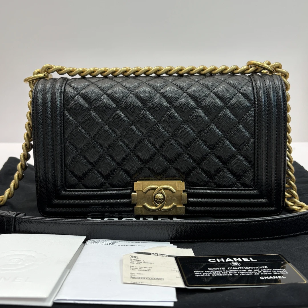 99新 Chanel/香奈儿 黑金菱格纹Leboy中号链条包 11705