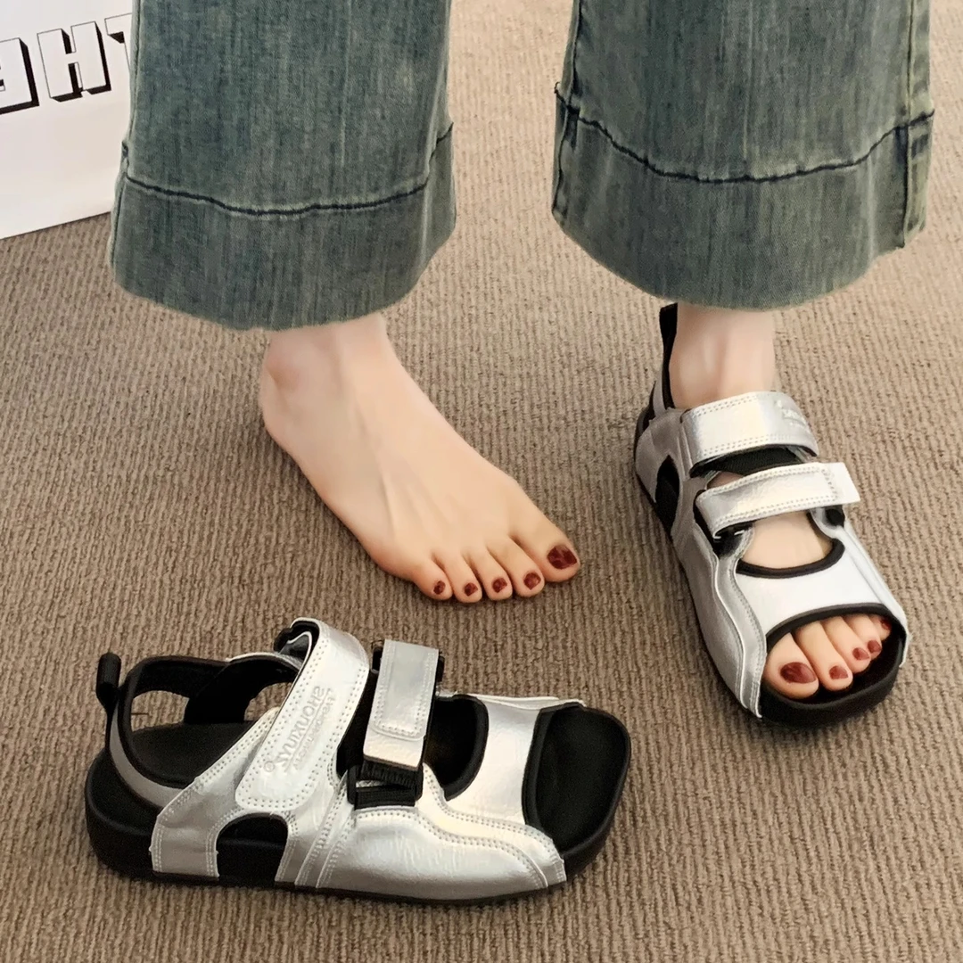 厚底勃肯凉鞋女款2025新款夏季外穿魔术贴运动沙滩鞋银色罗马鞋子