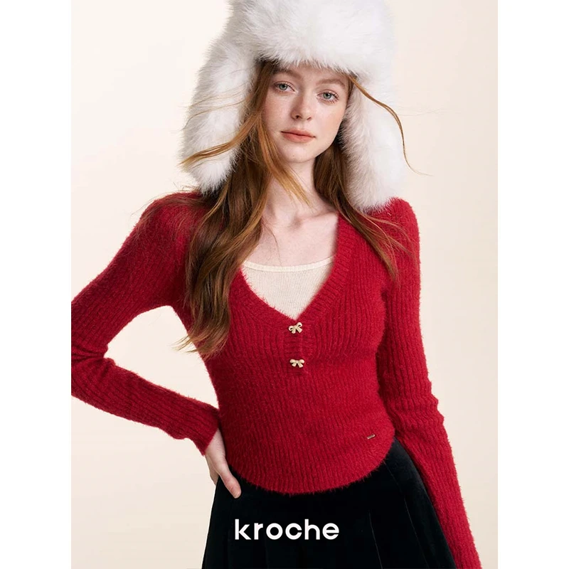 【嘉莹专属】Kroche 蝴蝶结短貂绒假两件V领针织打底衫圣诞毛衣