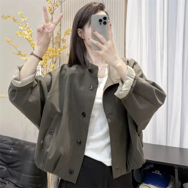 英伦风立领宽松夹克外套内里条纹短款风衣女2025早秋新款休闲上衣